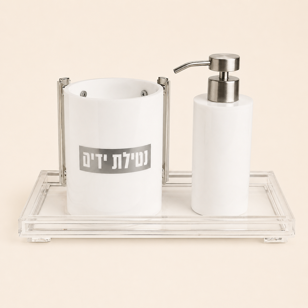 זהב מלכותי – סט סבונייה ונטלה אקריליק זהב על מגש שחור – תמונה 2