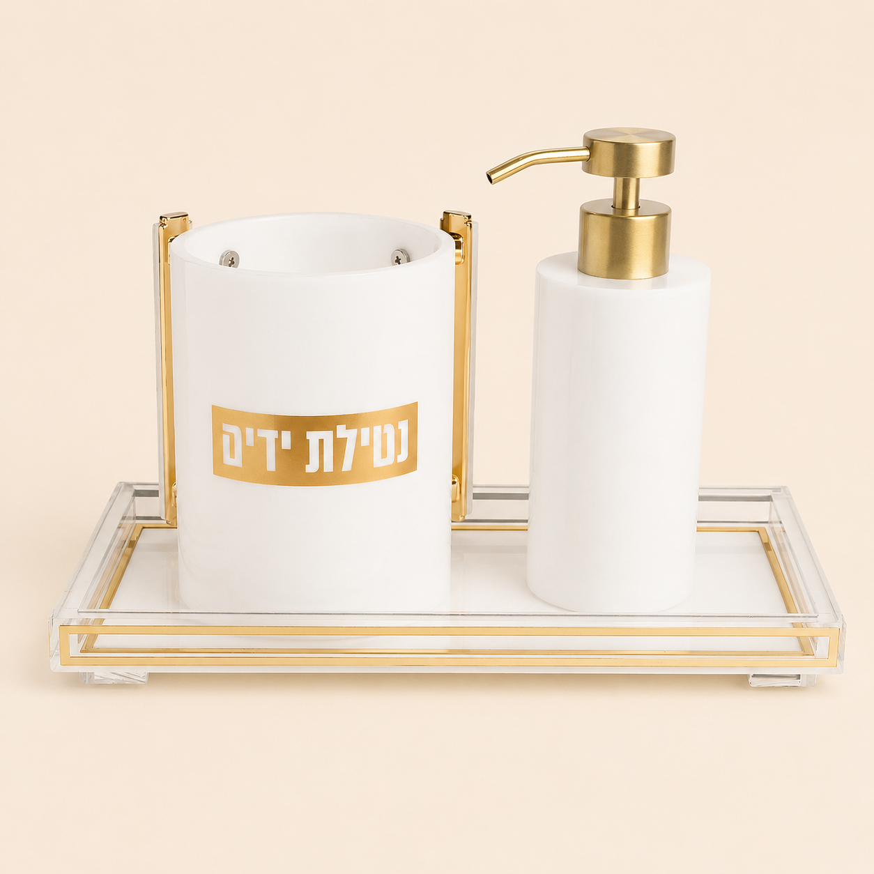 זהב מלכותי – סט סבונייה ונטלה אקריליק זהב על מגש שחור